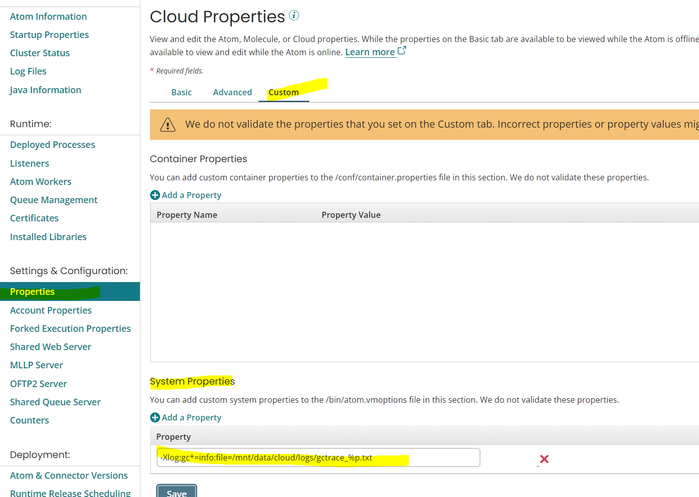 Article Properties to configure to collect garbage collection logs Boomi Community